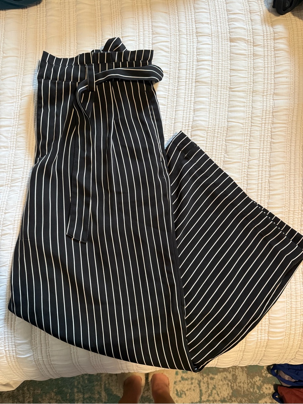Who What Wear Black and White Pinstriped Paperbag Wide-Leg Pants